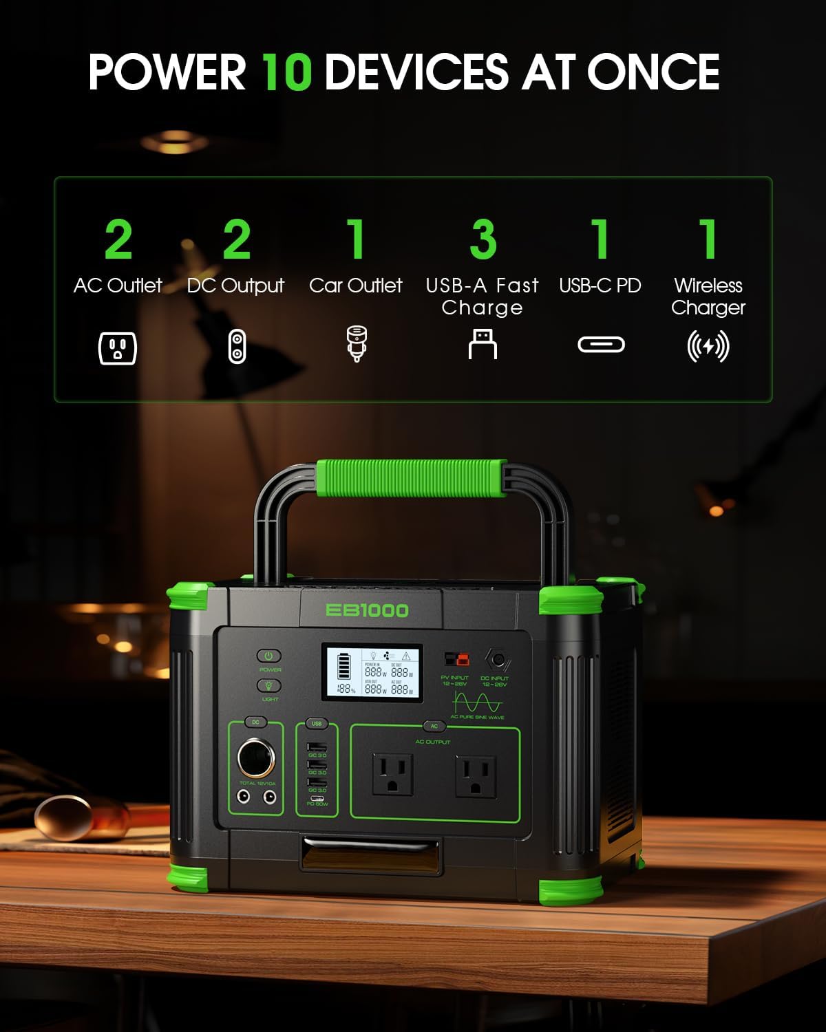 1000W Portable Power Station 999Wh, Solar Generator with 60W USB-C PD Output, Built-in BMS 110V Pure Sine Wave AC Outlet Backup Lithium Battery for Outdoors Camping Travel Emergency (Peak 2000W)