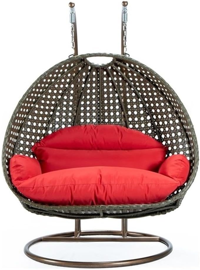 LeisureMod 2 Person Wicker Egg Chair Outdoor Indoor Bedroom Patio Hanging Lounge Swing Hammock Chairs with Beige Stand and UV Resistant Cushions (Red)