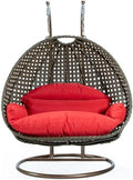 LeisureMod 2 Person Wicker Egg Chair Outdoor Indoor Bedroom Patio Hanging Lounge Swing Hammock Chairs with Beige Stand and UV Resistant Cushions (Red)