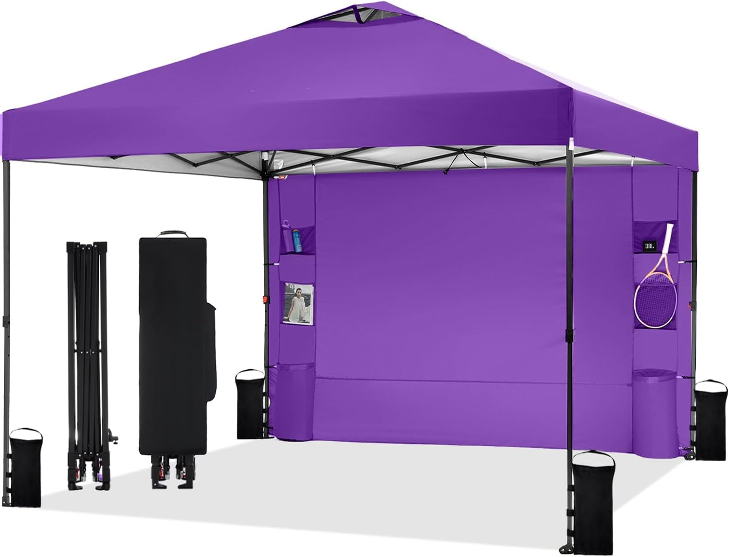 Tunbne 12'x12' Pop Up Canopy Tent with 1 Sidewall and 6 Pockets, One Push Setup, Case, 8 Stakes, 4 Ropes, 4 Sandbags (Purple, 12x12)