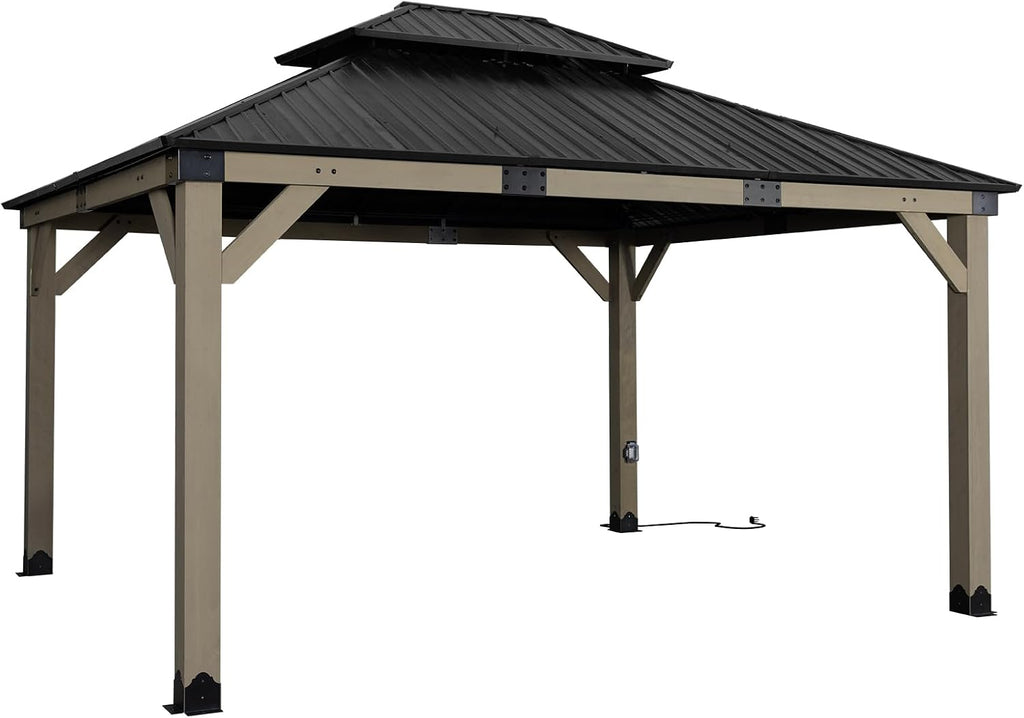 Aoodor 12 x 14 ft Wooden Frame Gazebo with 2-Tier Galvanized Metal Hardtop Roof, Outdoor Patio Gazebo with Charging Socket for Patio, Backyard, Deck, and Lawn