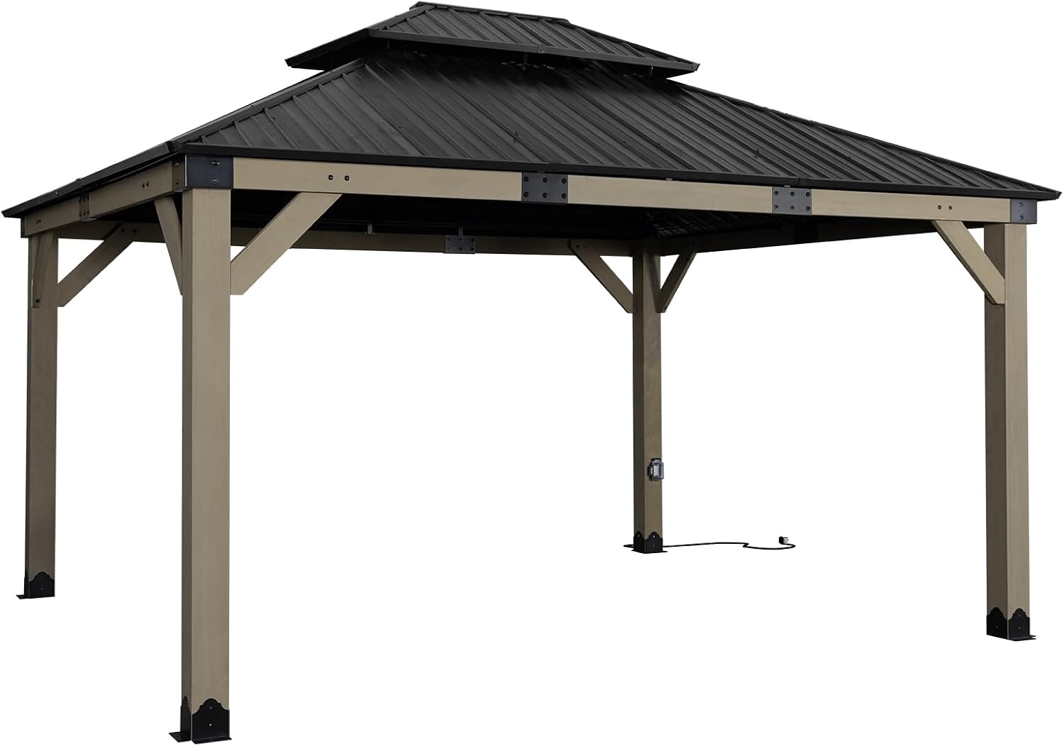 Aoodor 12 x 14 ft Wooden Frame Gazebo with 2-Tier Galvanized Metal Hardtop Roof, Outdoor Patio Gazebo with Charging Socket for Patio, Backyard, Deck, and Lawn