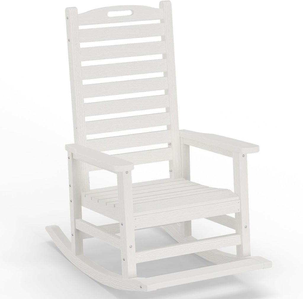 PLUUV Outdoor Rocking Chair with Removable Footboard for Adults, HDPE High Back Patio Rocking Chairs, 330lbs All Weather Porch Rocking Chairs for Outdoor & Indoor -White