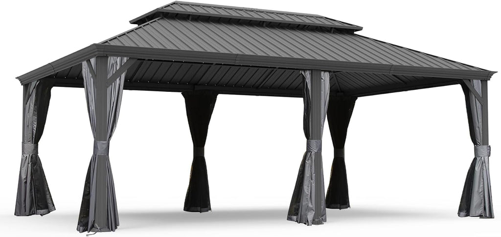 GOWE 14' X 20' Hardtop Gazebo, Upgraded Metal Gazebo with Drainage System, Dual-Layer Galvanized Steel Roof, Curtain and Netting, Outdoor Shelter Canopy for Patio, Garden, and Backyard, Grey