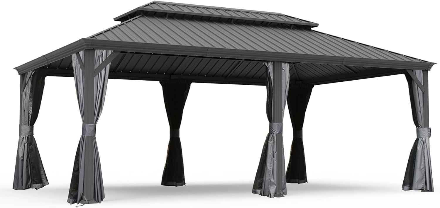 GOWE 14' X 20' Hardtop Gazebo, Upgraded Metal Gazebo with Drainage System, Dual-Layer Galvanized Steel Roof, Curtain and Netting, Outdoor Shelter Canopy for Patio, Garden, and Backyard, Grey