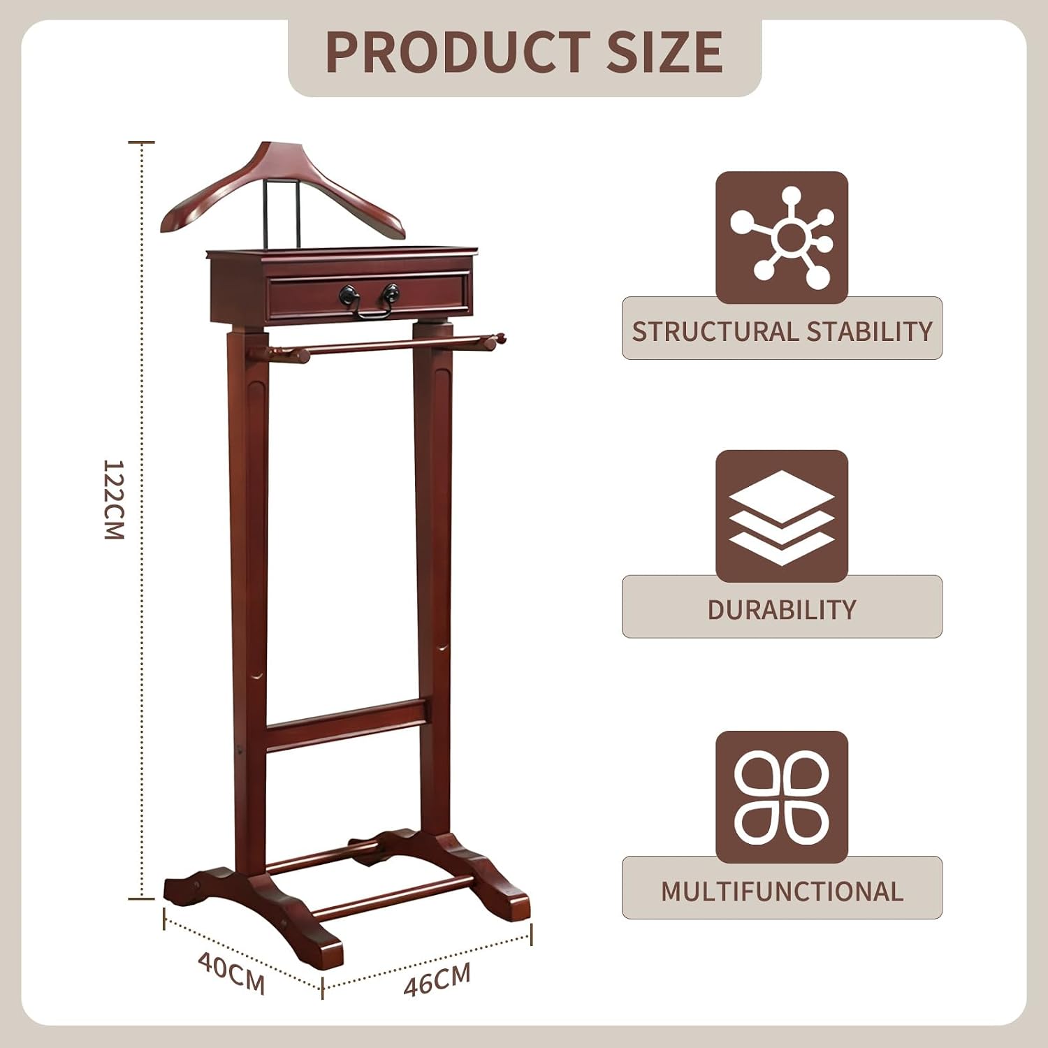 Wooden Valet Stand Clothes with Contour Hanger, Trouser Bar, Shoe Shelf, Suit Rack with Drawer&Tray, Garment Organizer Rack Storage for Keys, Watches, Wallet, Jewelry, Accessory Organizer