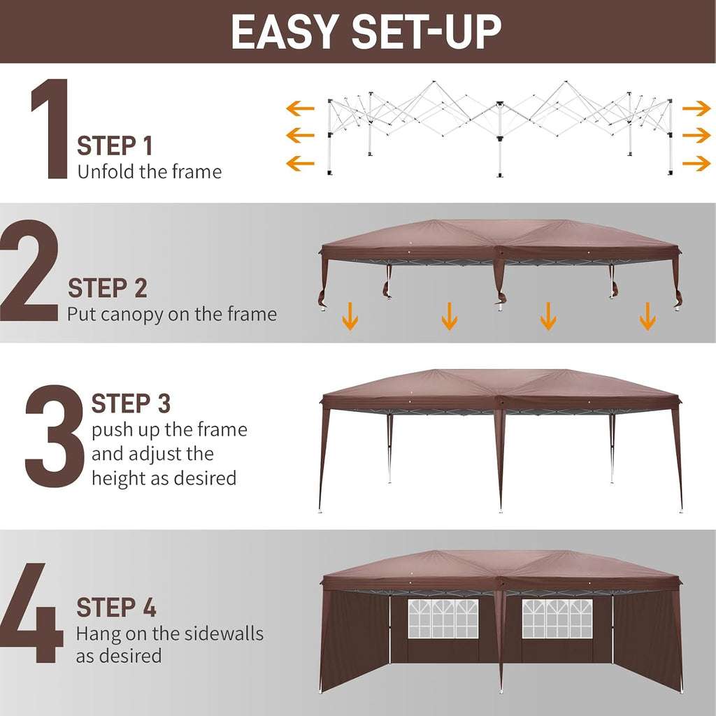 Outvita 10x20ft Pop Up Canopy Tent, Outdoor Instant Shelter Folding Canopy with 4 Side Walls and Carry Bag for Commercial Events, Party, Backyard BBQ, Camping Brown