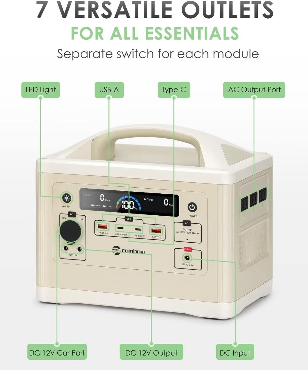 RAINBOW Portable Power Station 700W, 537Wh Backup LiFePO4 Battery, Solar Generator for Outdoor Camping, 3 x 110V/700W(Peak 1400W) AC Outlets, Quick Charge for Home, Hiking