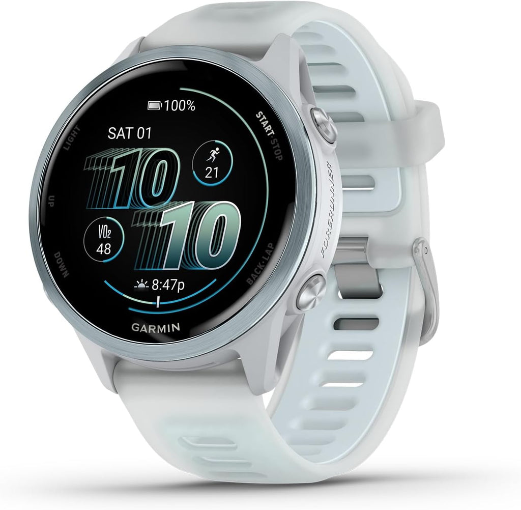 Garmin Forerunner 570 Running Smartwatch, 42MM WiFi, GPS Fitness Smart Watch for Men and Women, Cloud Blue Aluminum with Translucent Whitestone/Cloud Blue Band Bundle with P-Bank + More