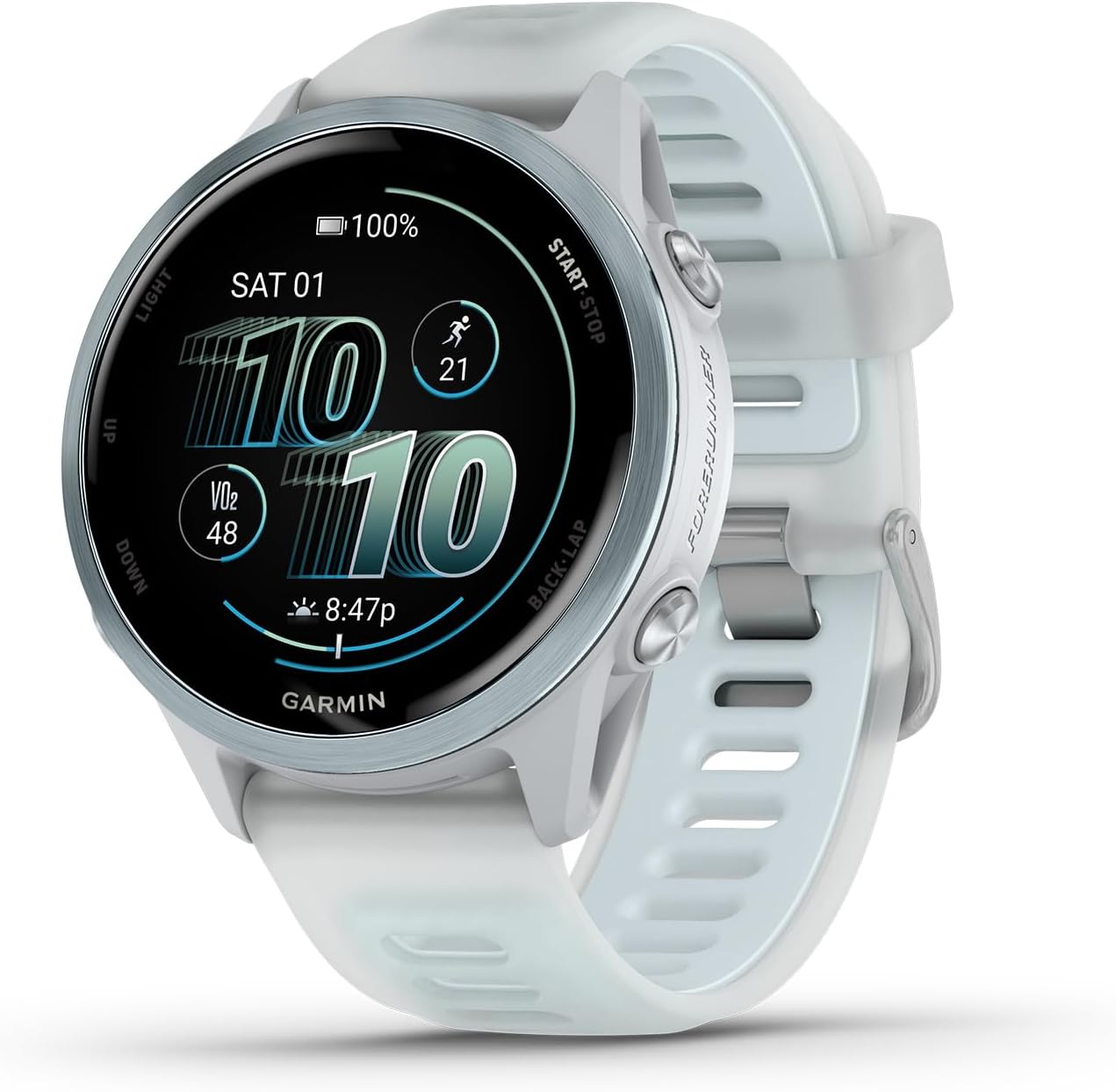 Garmin Forerunner 570 Running Smartwatch, 42MM WiFi, GPS Fitness Smart Watch for Men and Women, Cloud Blue Aluminum with Translucent Whitestone/Cloud Blue Band Bundle with P-Bank + More