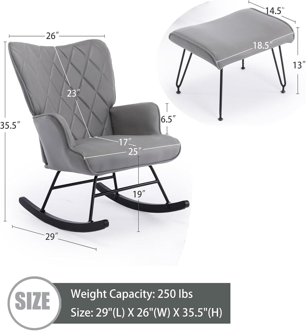 Modern Upholstered Rocking Chair with Ottoman – High Back Glider for Nursery, Living Room, or Bedroom – Comfortable Armchair with Lumbar Support & Sturdy Wood Rockers (Grey Fabric)