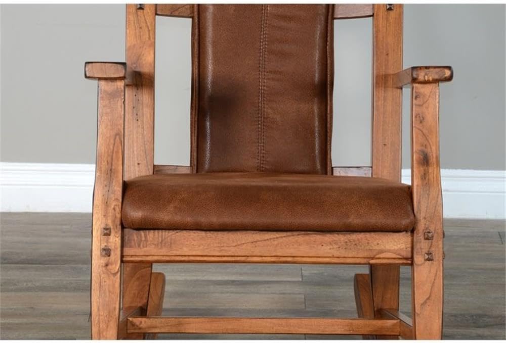 Pemberly Row Mahogany Rocking Chair with Cushioned Seat and Back, Studded Accents, Smooth Rocking Motion, Rustic Oak