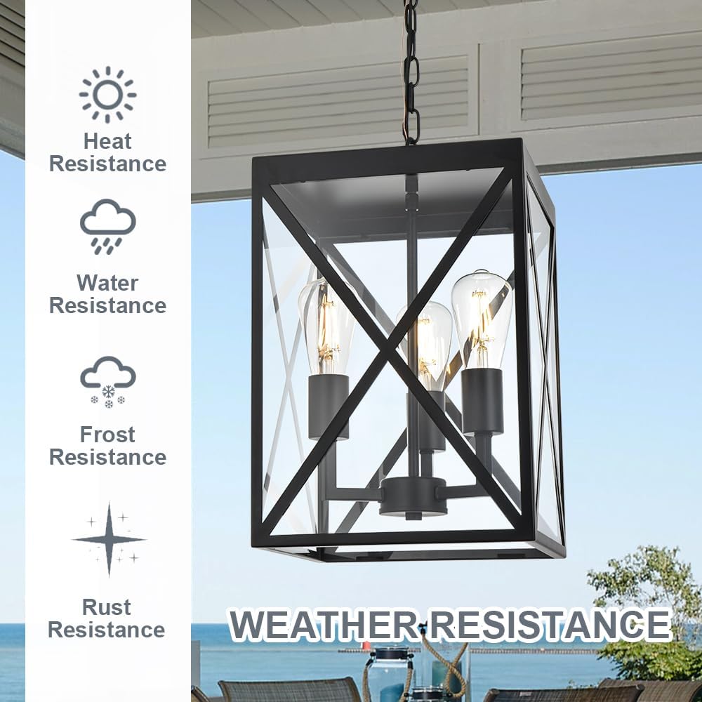 TODOLUZ Large Outdoor Porch Light Adjustable Chain, 3-Lights Modern Outdoor Pendant Lighting in Matte Black Finish, Outside Ceiling Mount Lamp for House Front Door Porch Patio Entryway