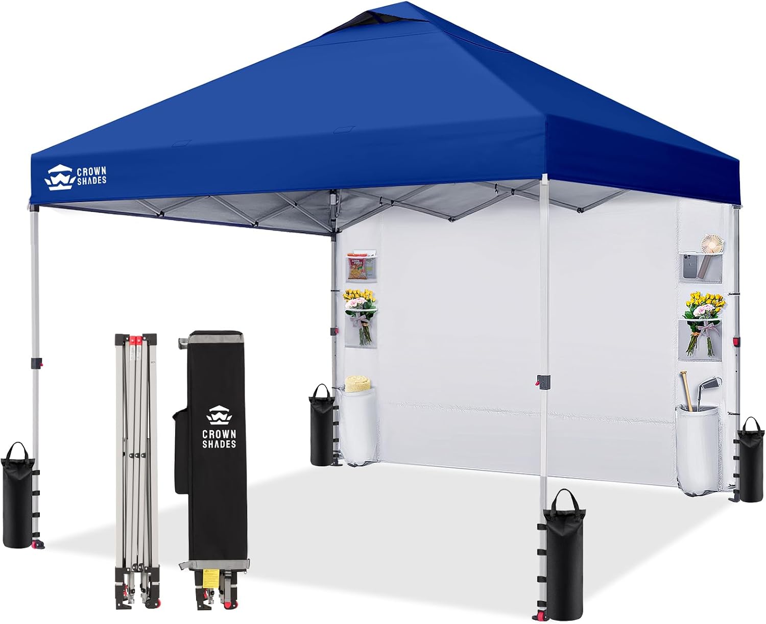CROWN SHADES Canopy Tent, 10 x 10 Foot Portable Pop Up Outdoor Shelter with Pocket Sidewall, Push Center Lock, UV Protection, and Carry Bag, Navy Blue