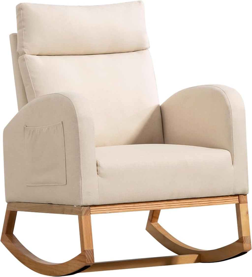 GarveeHome Nursery Glider Chair Rocking Chair, Upholstered Nursery with Rubber Wood Legs, Comfy High Backrest, Side Pockets, Accent Rocker Armchair for Living Room, 27.6' D x 33.9' W x 41.1' H, White