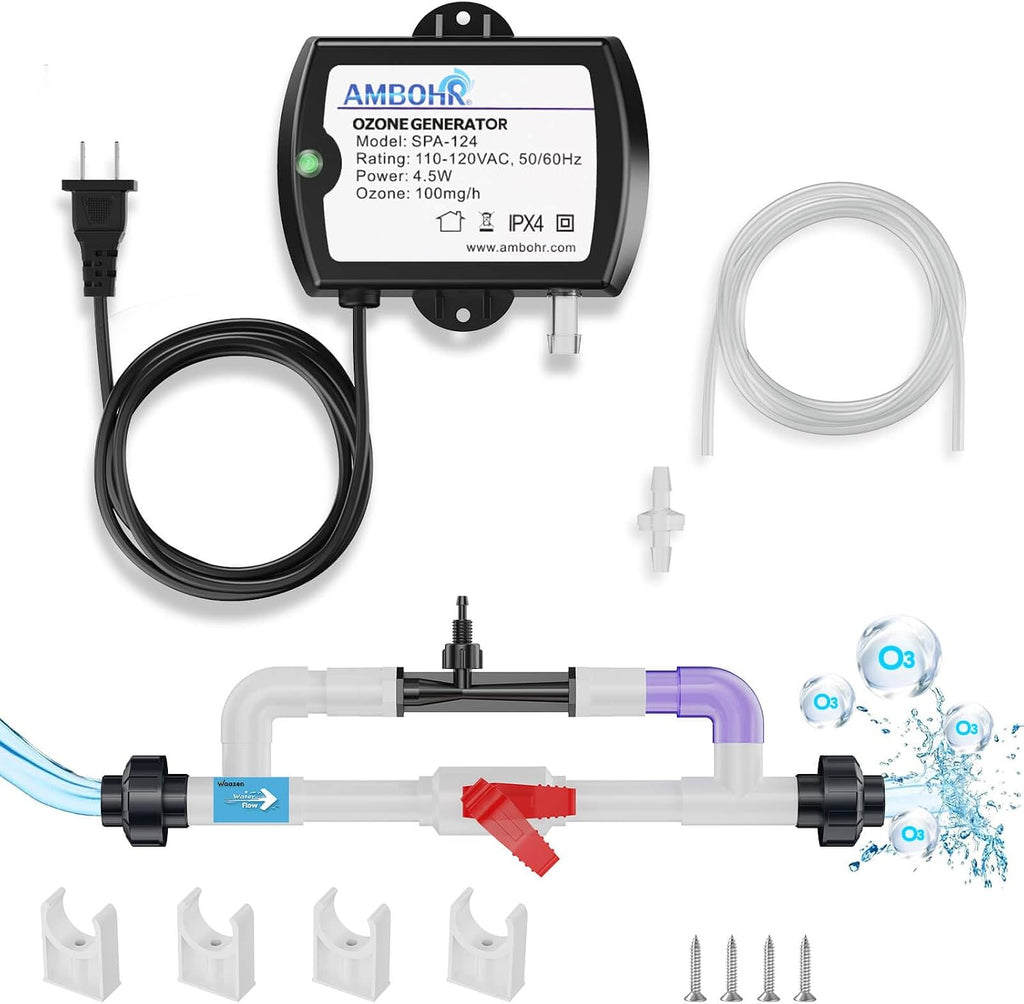 Venturi Ozone System and Ambohr Spa 124 Ozone Generator Water Treatment Kit for Cold Plunge, Hot Tub, Swimming Pool, 3/4' PVC Connection, Easy Monitoring, Plug and Play, Universal Compatibility