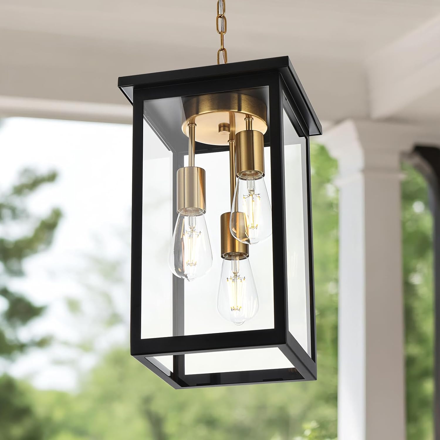 Yaohong Outdoor Pendant Lights for Porch, Modern 3-Lights Exterior Hanging Lights, Exterior Hanging Lantern with Clear Glass and Height Adjustable, Large Outdoor Ceiling Lights for Patio Front Foyer