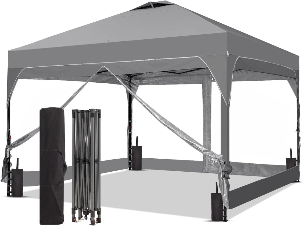 8x8 FT 1-Button Push Pop Up Canopy with 4 Clear PVC Sidewalls, Sandbags, Instant Canopy Tent for Outdoor Events