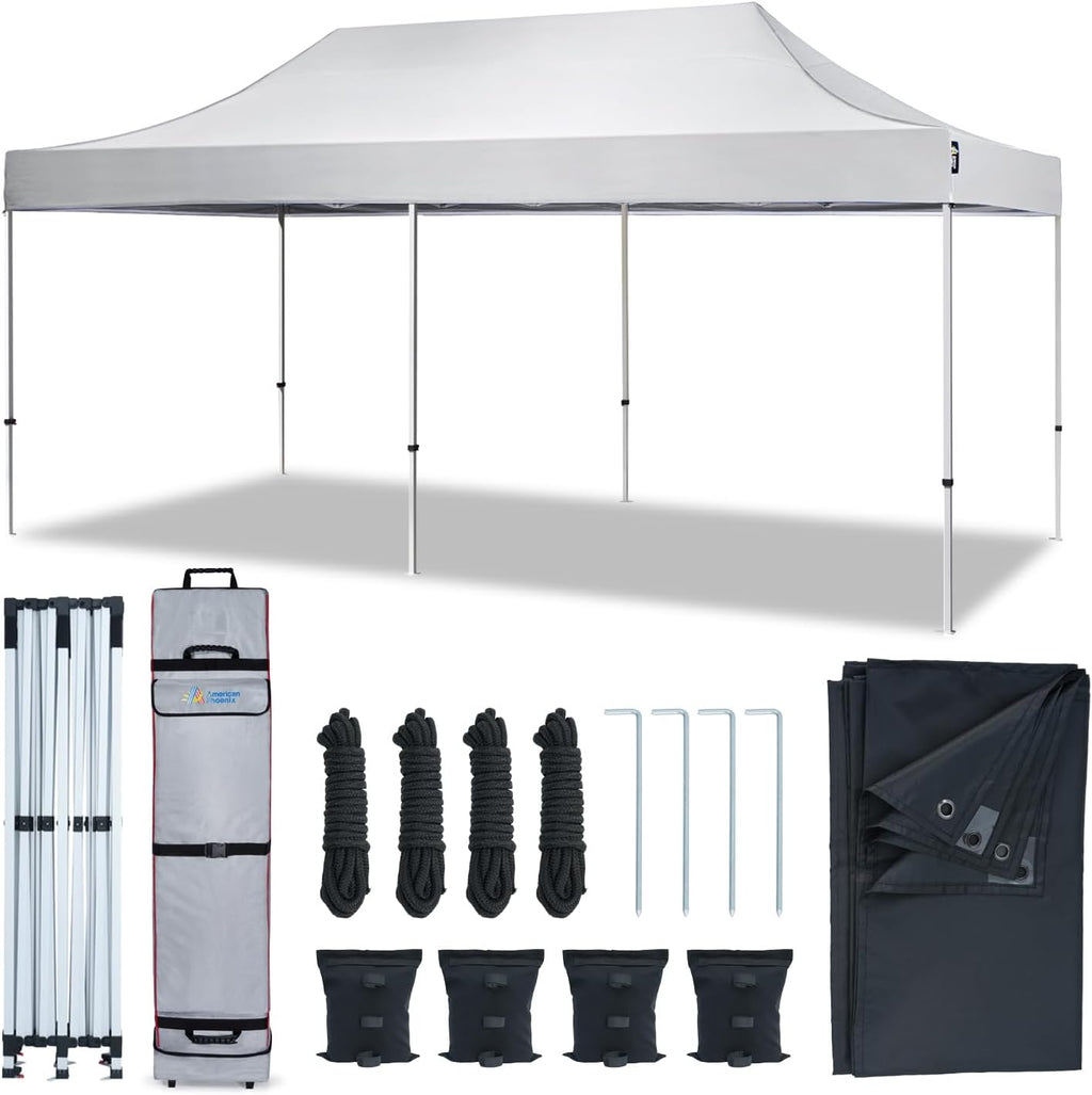 AMERICAN PHOENIX 10x20 Pop Up Canopy Tent Heavy Duty Commercial Shelter for Party, Outdoor Events and Patio Portable Instant Market Gazebo with Roller Bag, Camping Tarp, 4 Ropes and 4 Stakes (White)