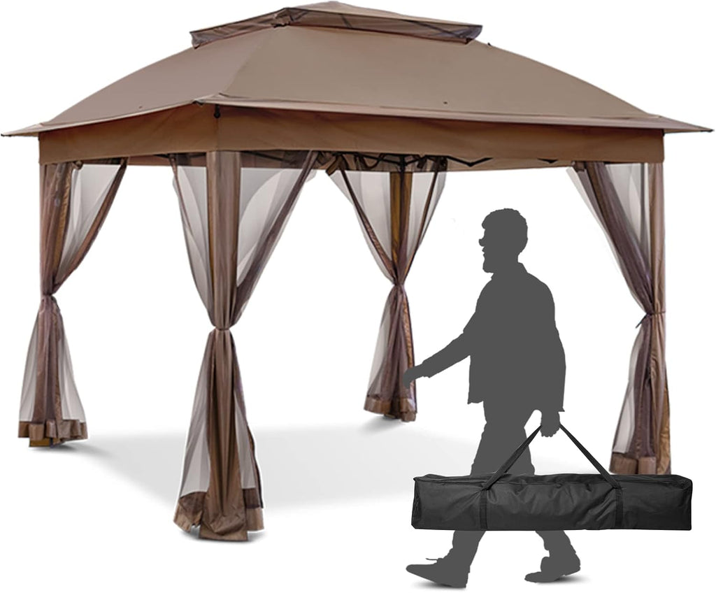 11x11 Pop Up Gazebo Tent with Mesh Netting, Instant Outdoor Canopy with UPF 50+ UV Protection, Water Resistant, Brown