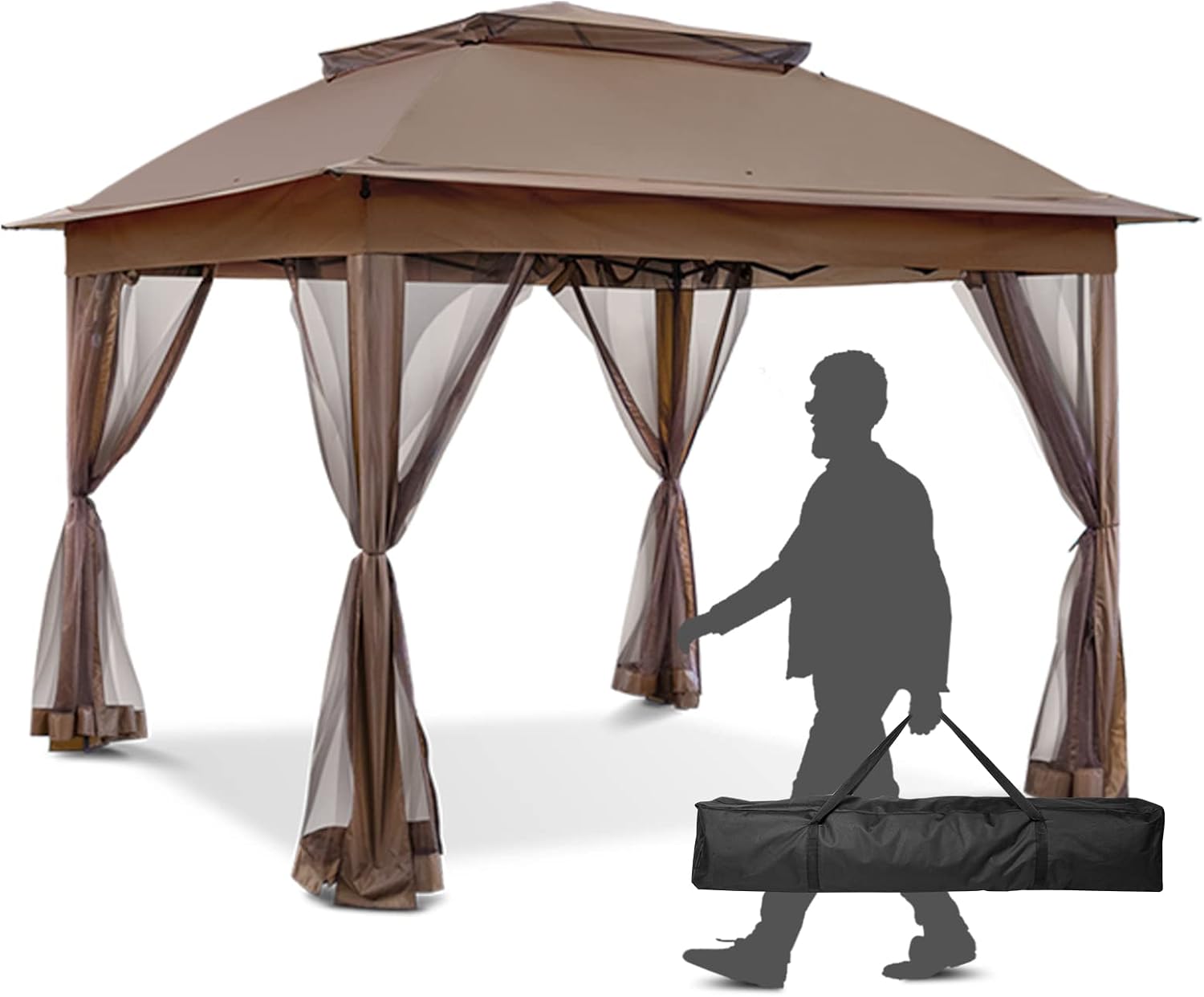 11x11 Pop Up Gazebo Tent with Mesh Netting, Instant Outdoor Canopy with UPF 50+ UV Protection, Water Resistant, Brown