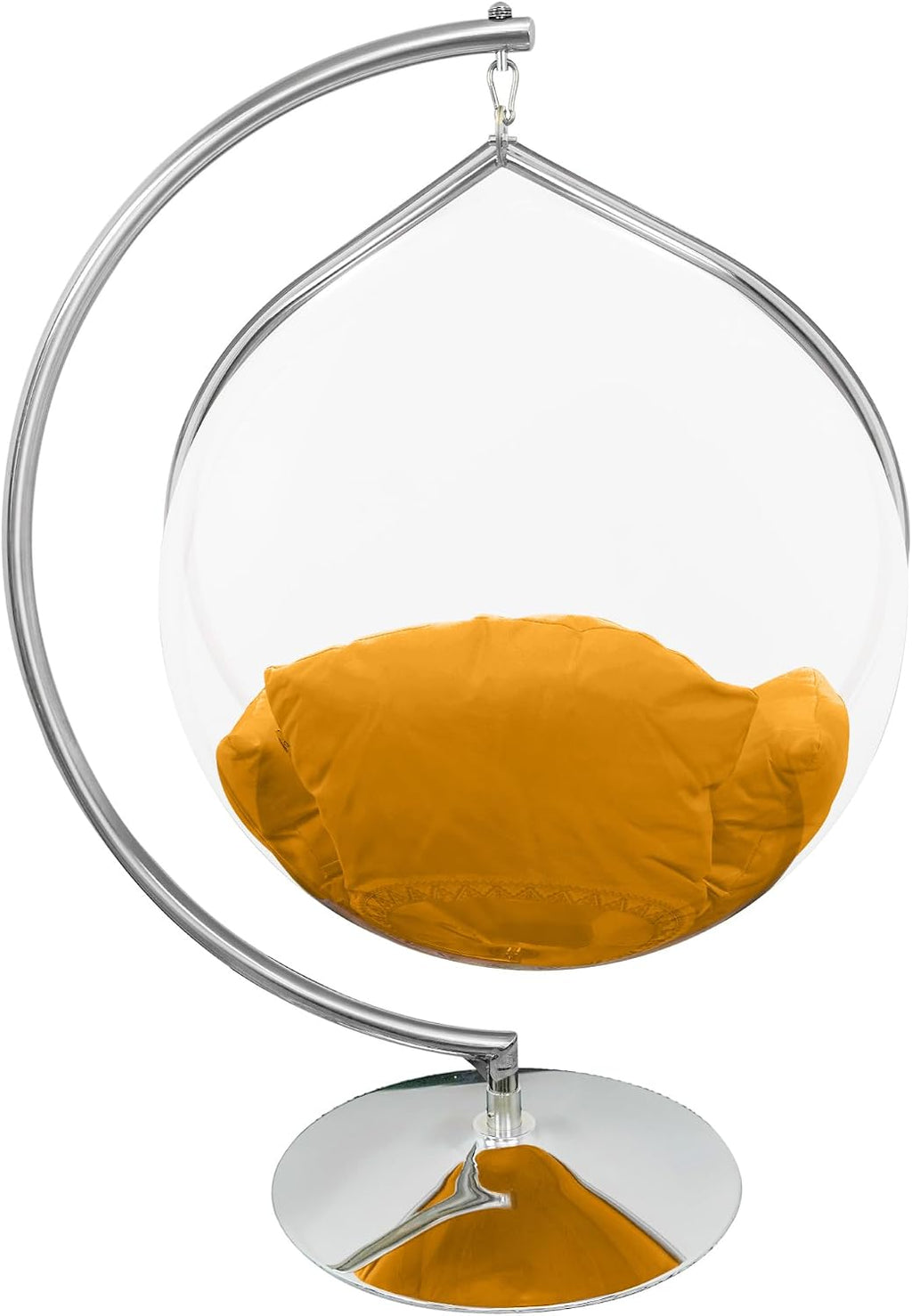 Hanging Chair - Transparent Acrylic Bubble, Waterdrop Shape, Indoor Swing Chair with Gold/Chrome Stand, Durable Fabric Cushion - Luxury Accent for Living Room, Bedroom (Chrome/Yellow)