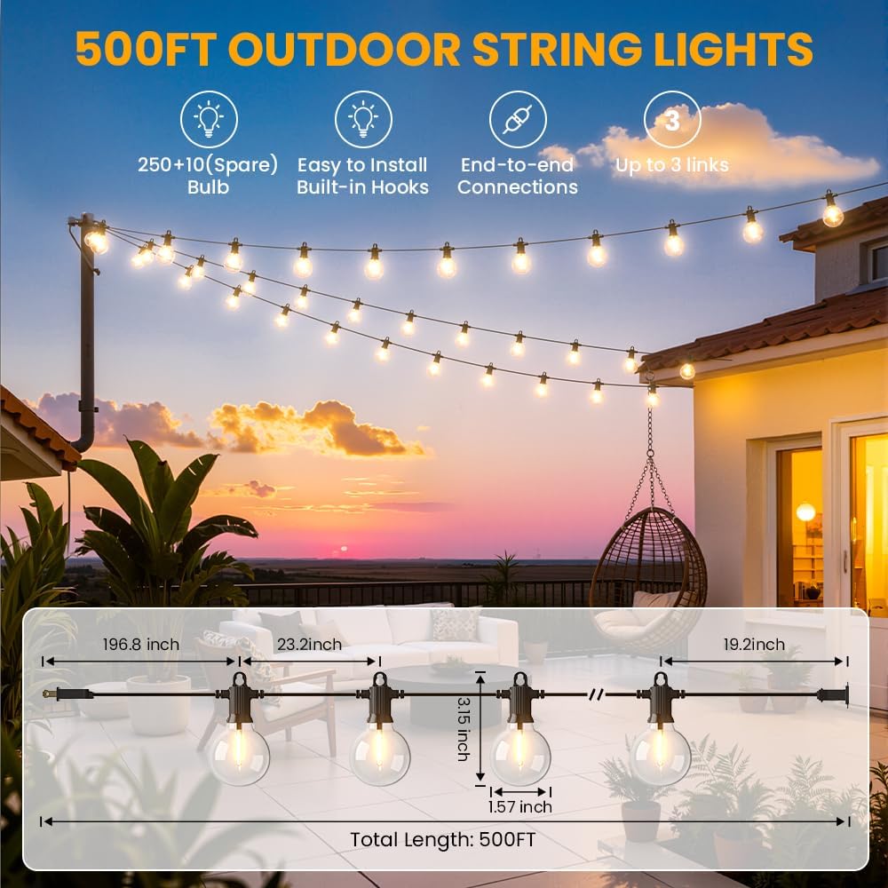 LED Outdoor String Lights, 500FT Patio Lights with 250+10 Shatterproof G40 Globe Bulbs, Waterproof Connectable Dimmable 2700K Hanging Lights for Outside Backyard Porch Balcony Party Gazebo Bistro cafe