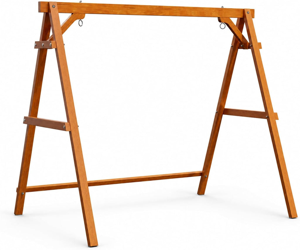 VINGLI 6.9FT Porch Swing Frame, 660 LBS Heavy Duty A-Frame Wooden Porch Swing Stand with Bottom Connection Bar for 5FT Porch Swing, Upgraded Wood Swing Hanger for Garden Patio (Brown, 6.9FT)
