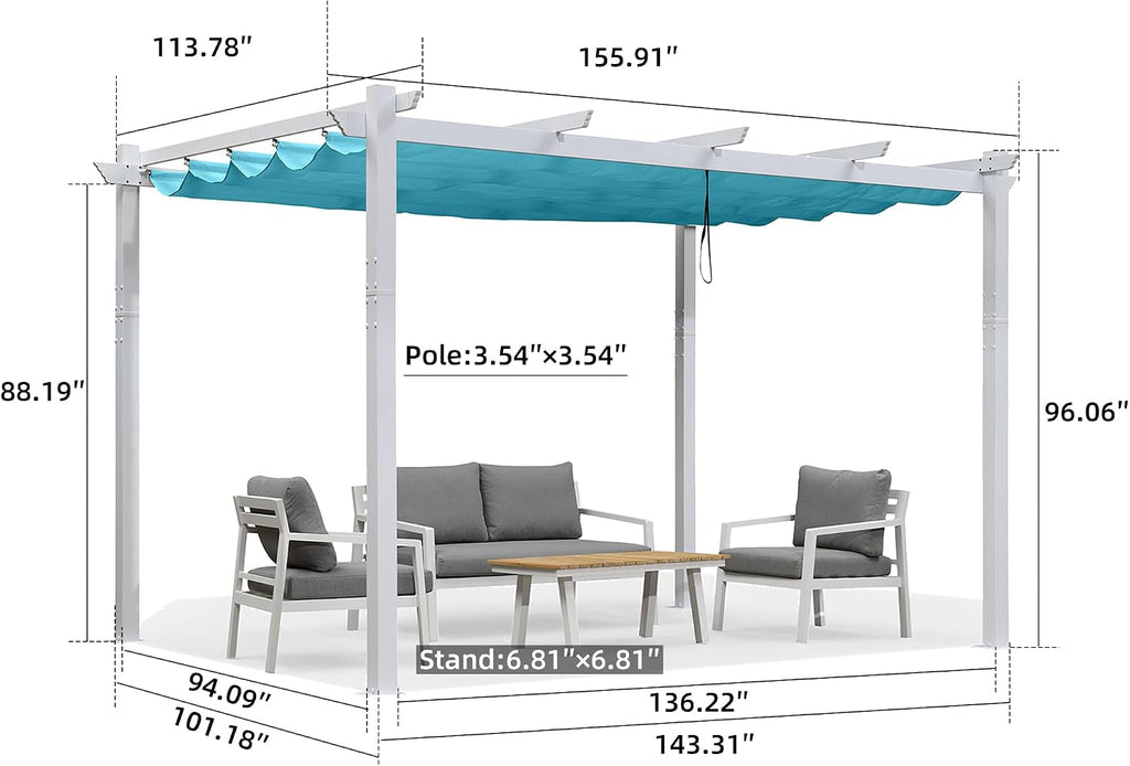 PURPLE LEAF 10' X 13' Outdoor Retractable Pergola with Sun Shade Canopy Cover White Patio Metal Shelter for Garden Porch Yard BBQ Beach Gazebo Grape Trellis Pergola, Turquoise Blue