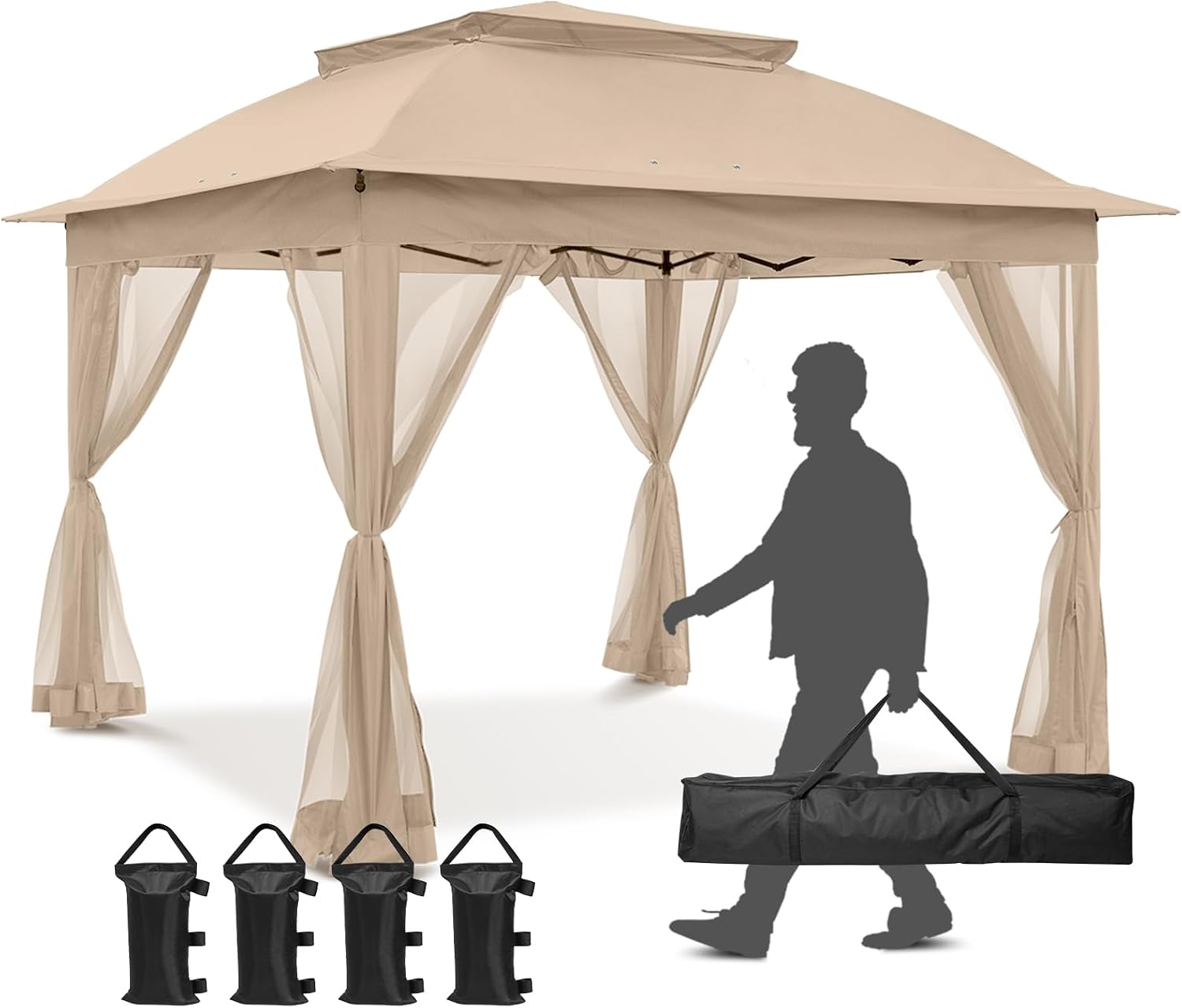 11x11 Pop Up Gazebo Tent with Mesh Netting, Instant Outdoor Canopy with UPF 50+ UV Protection, Water Resistant, Khaki