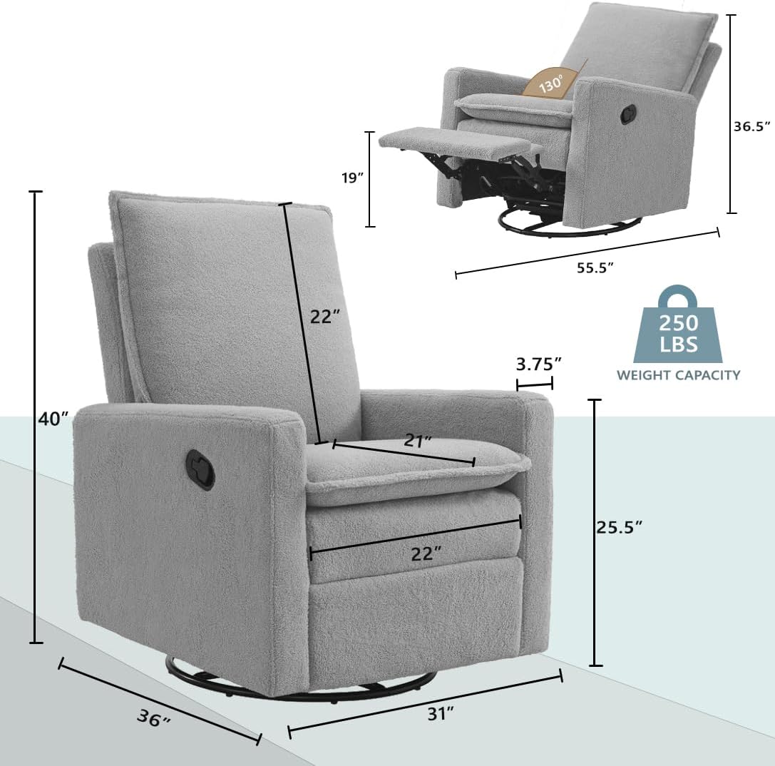 Oxford Baby Uptown Upholstered Glider Recliner Rocking Chair 360° Swivel for Nursery and Living Room - Boucle Koala Gray