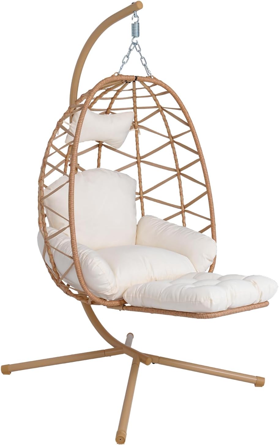 Hanging Egg Chair with Stand & Leg Rest,Rattan Wicker Swing Chair with Cushion,Patio Basket Hanging Chair Wicker Hammock Chair for Indoor Outdoor Bedroom Garden,300LBS (Yellow Rattan&Cream Cushion)