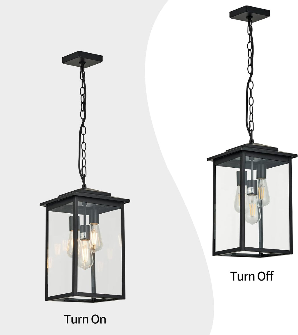 Outdoor Hanging Light Fixture 3-Light, Modern Black Metal Outside Chandelier Exterior Hanging Fixture Ceiling Mount with Clear Glass Shade for Front Porch Entrance Foyer Entryway(Bulbs not Included)