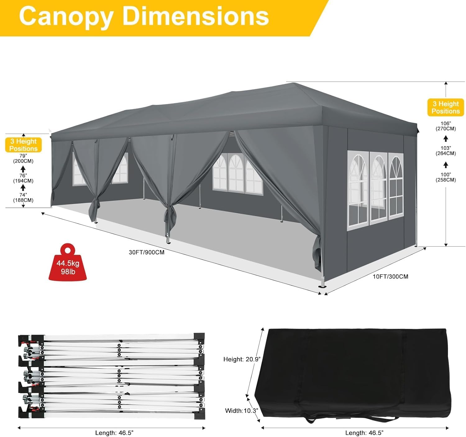 COBIZI 10x30 Pop Up Canopy with 8 Sidewalls for Parties Wedding Backyard, Waterproof Outdoor Commercial Event Shelter with Stakes, Ropes, Sandbags, Grey