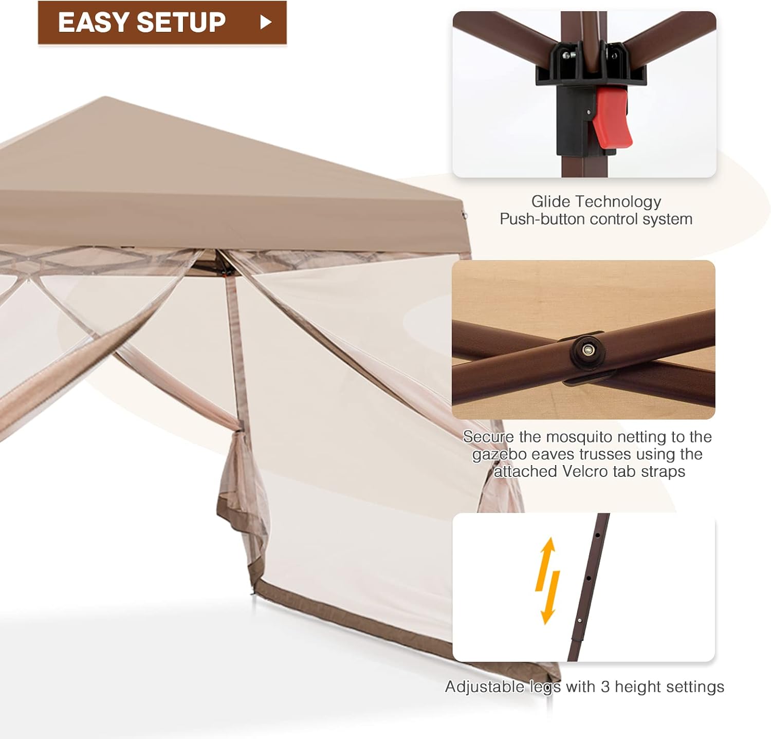 10x10 Pop Up Canopy Tent, Slant Leg Instant Screened Gazebo with Mesh Walls, UV Protection, Water Resistant, Beige