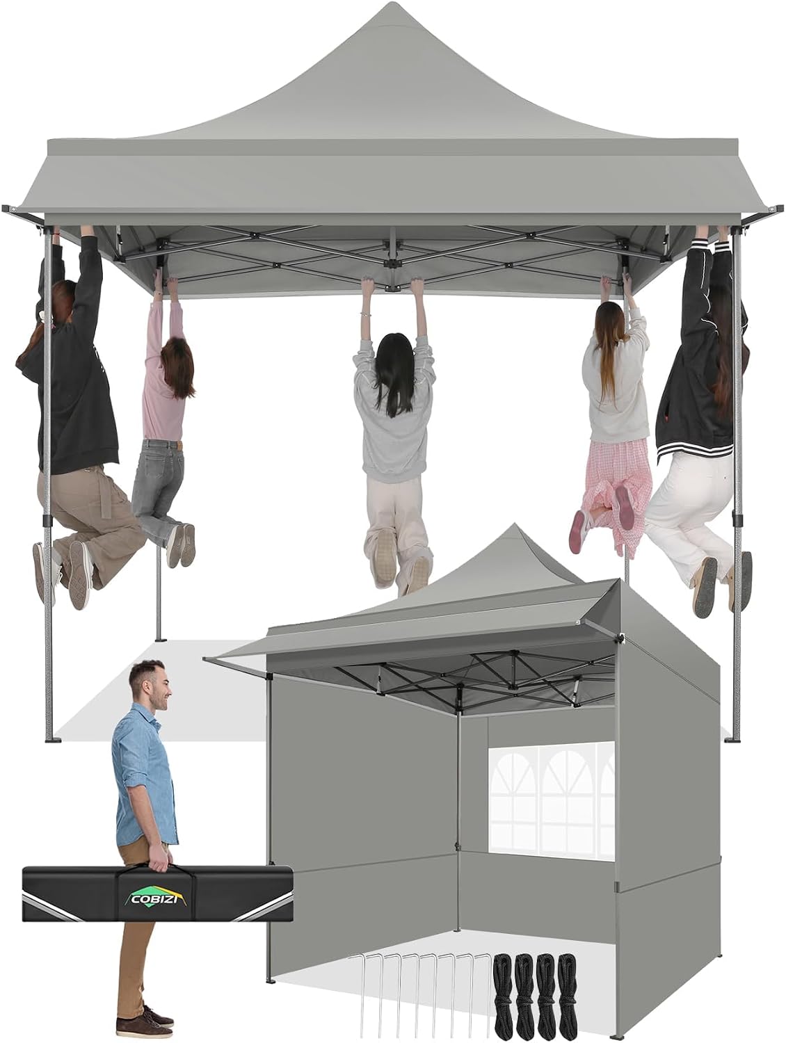 COBIZI 8x8 Pop Up Canopy with 4 Sidewall,Heavy Duty Canopy UPF 50+ All Season Wind Waterproof Commercial Outdoor Wedding Party Tents for Parties Canopy Gazebo with Roller Bag (8 x 8 ft Gray)