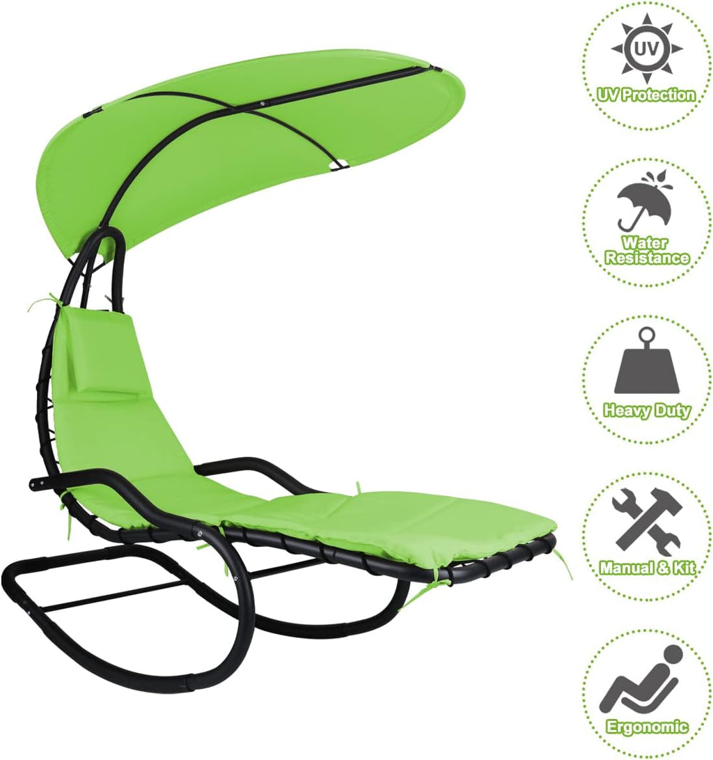 Outdoor Hammock Rocking Chaise Lounge Swing Chair, with Stand and Canopy, Porch Swing w/Soft Cushion Removable Headrest, Outdoor Recliner Rocking Chair for Garden Backyard Poolside (Green)