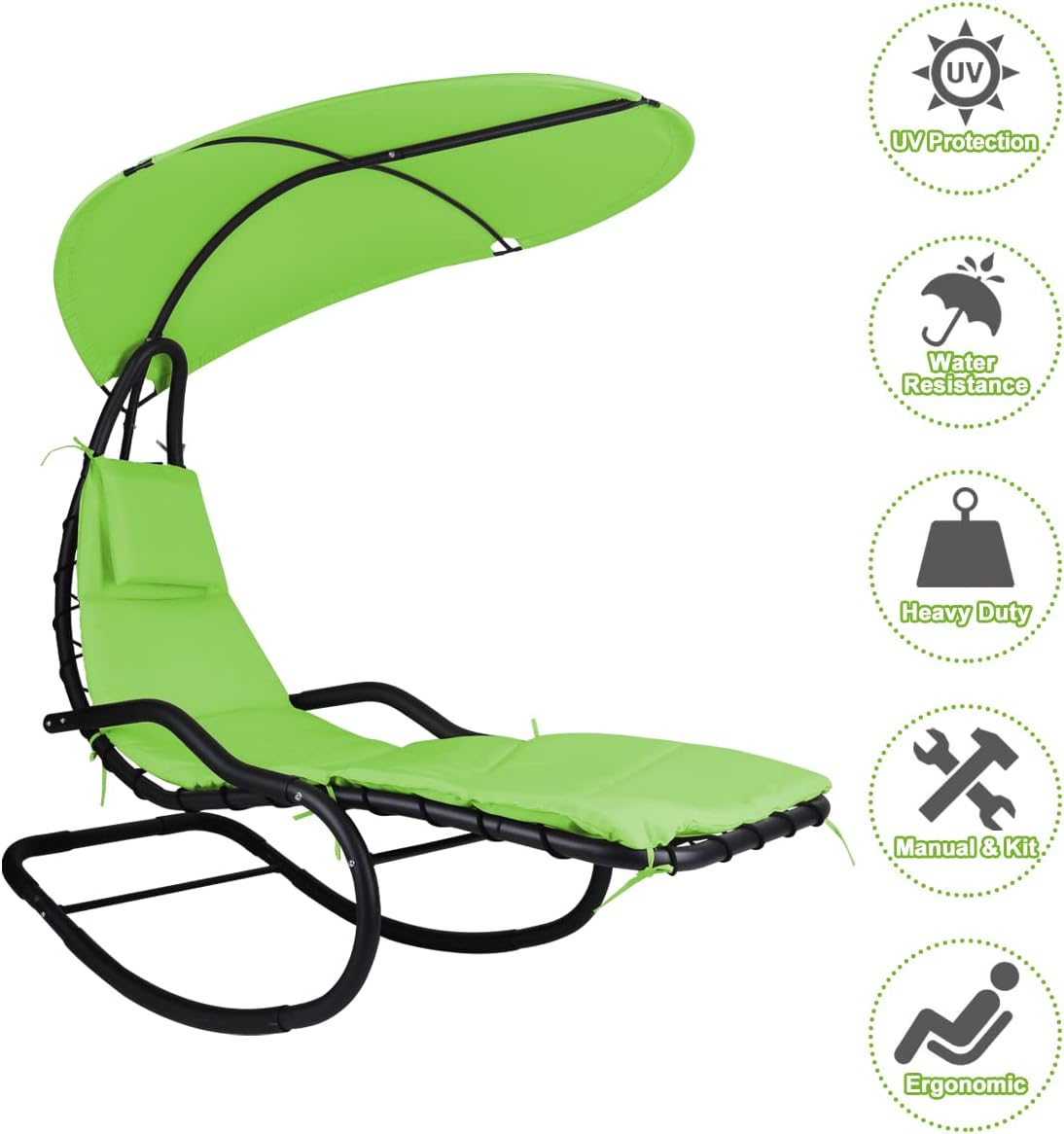 Outdoor Hammock Rocking Chaise Lounge Swing Chair, with Stand and Canopy, Porch Swing w/Soft Cushion Removable Headrest, Outdoor Recliner Rocking Chair for Garden Backyard Poolside (Green)