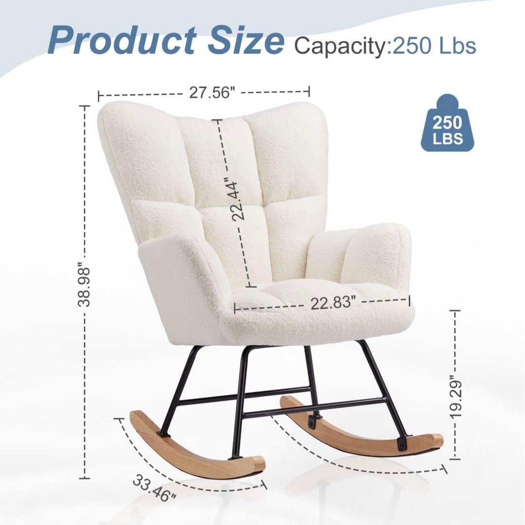 Nursery Rocking Chair, Boho Accent Ottoman, Teddy Upholstered Glider Rocker Accent Chair with High Backrest for Living Room, Small Spaces, Bedroom, Beige