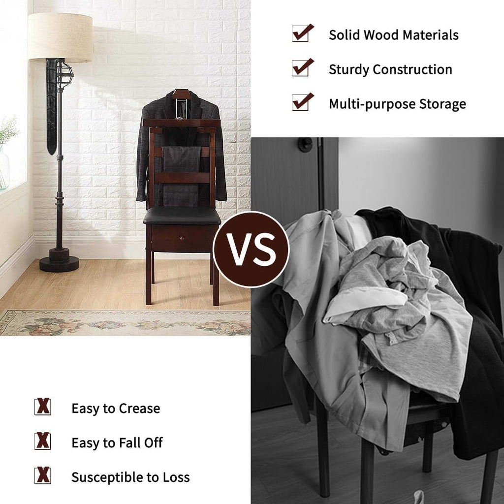 Chair Valet With Drawer Wooden Suit Valet Stand With Contour Hanger Trouser Bar And Top Storage Tray Freestanding Clothes Rack For Men And Women Clothing Organizer For Office Hotel(Dark Brown A)