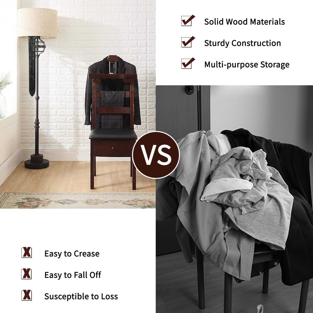 Chair Valet With Drawer Wooden Suit Valet Stand With Contour Hanger Trouser Bar And Top Storage Tray Freestanding Clothes Rack For Men And Women Clothing Organizer For Office Hotel(Dark Brown A)