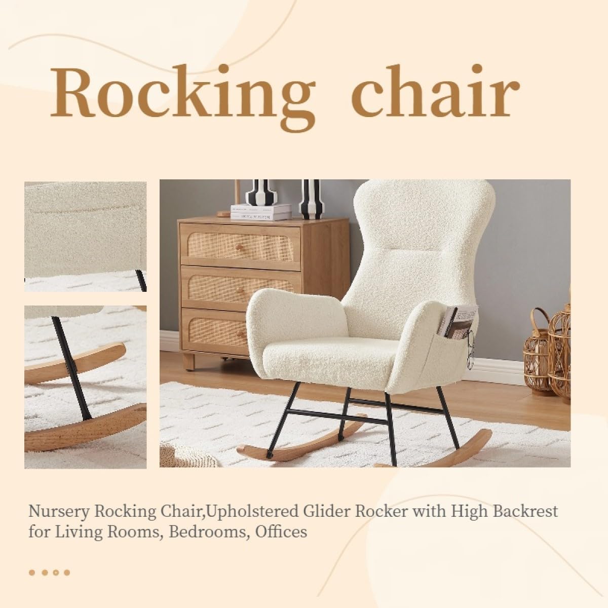 oaaktu Nursery Rocking Chair,Upholstered Glider Rocker with High Backrest for Living Rooms, Bedrooms, Offices (Beige Teddy)