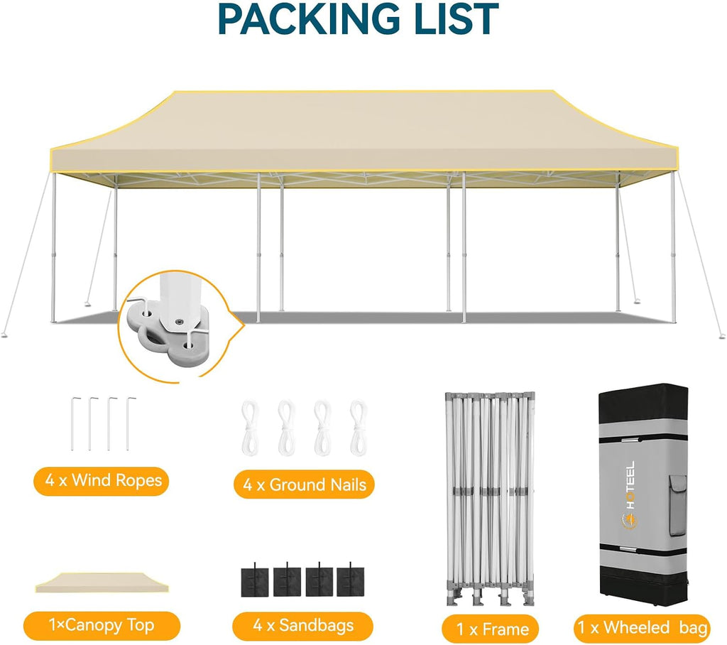 Hoteel 10x30 Pop Up Canopy Heavy Duty Without Sidewall, Waterproof Outdoor Event Tents, Easy Set-up Instant Tent with Hand Bag, Rope & Nail, Hexagonal Leg (1-Year Warranty,Upgrade)