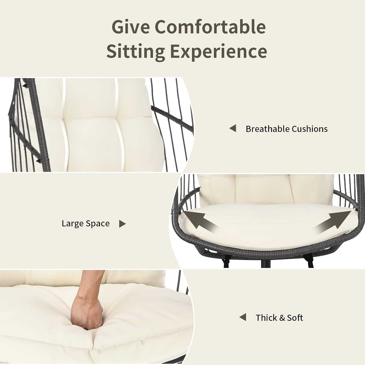 Giantex Hanging Egg Chair with Stand, Outdoor Indoor Foldable Swing Chair with Cushions, Rattan Hanging Basket Chairs with C Hammock Stand, Hanging Hammock Chair for Bedroom Balcony Patio (Beige)