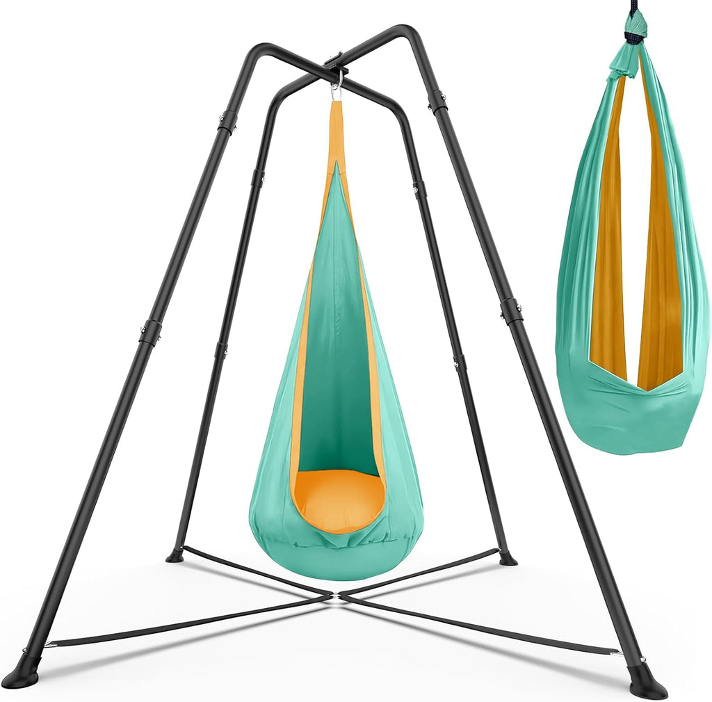 Swing Stand Frame with Sensory Pod Swings and Chair, Sensory Swing Set, X-Shaped Swing Frame, Heavy-Duty Metal Hammock Chair Stand for for Adults Indoor and Outdoor 330LBS(Mint Green)