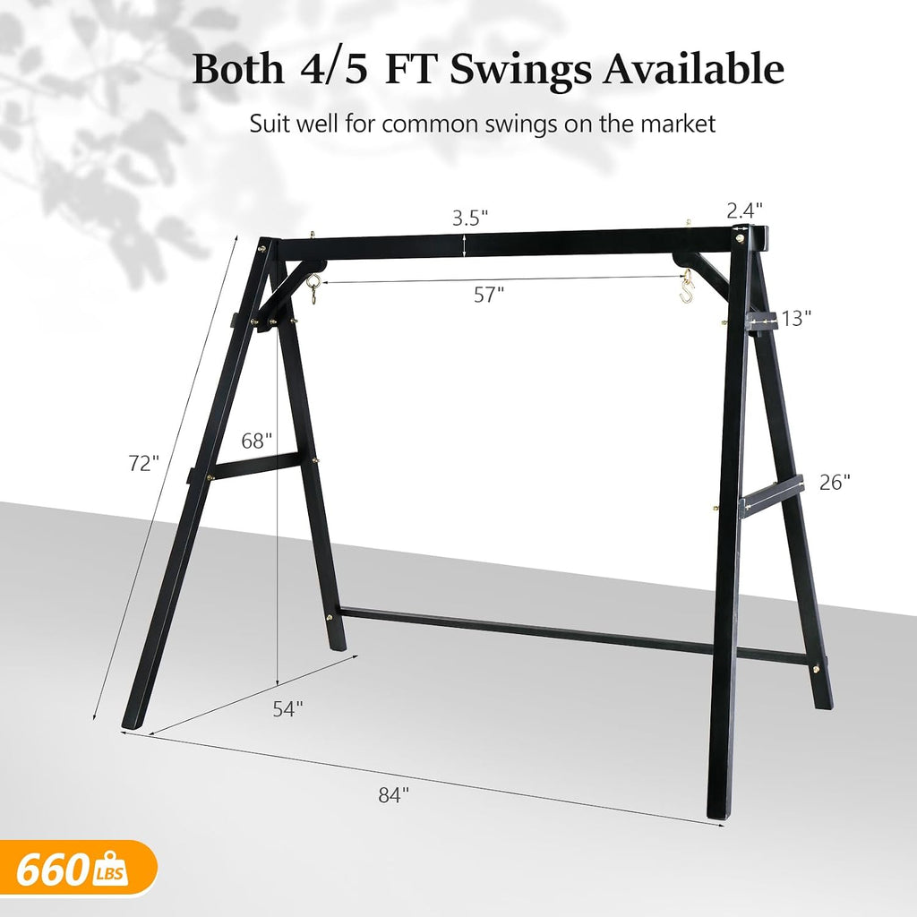 VINGLI 6.9FT Porch Swing Frame, 660 LBS Heavy Duty A-Frame Wooden Porch Swing Stand with Bottom Connection Bar for 5FT Porch Swing, Upgraded Wood Swing Hanger for Garden Patio (Black, 6.9FT)