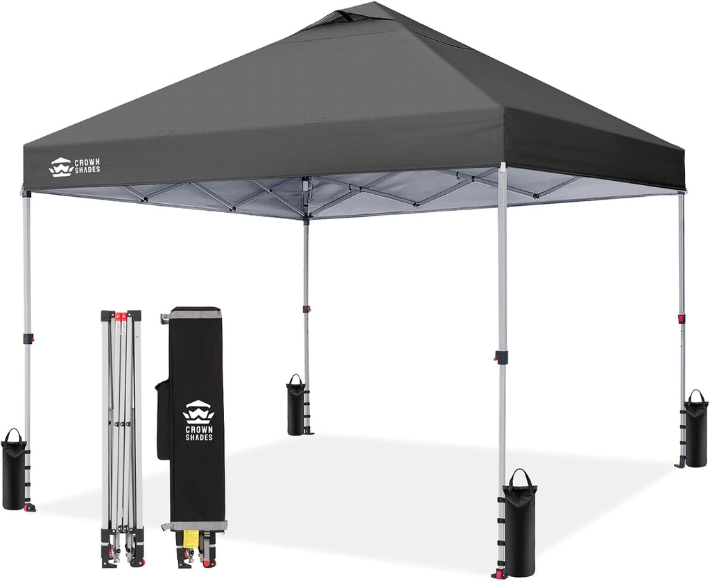 CROWN SHADES 10x10 Pop Up Canopy - Beach Tent with One Push Setup - Easy Outdoor Sun Shade Shelter for Events, Parties - Gazebo with STO-N-Go Cover Bag, Silver Coated Top, Grid Grey