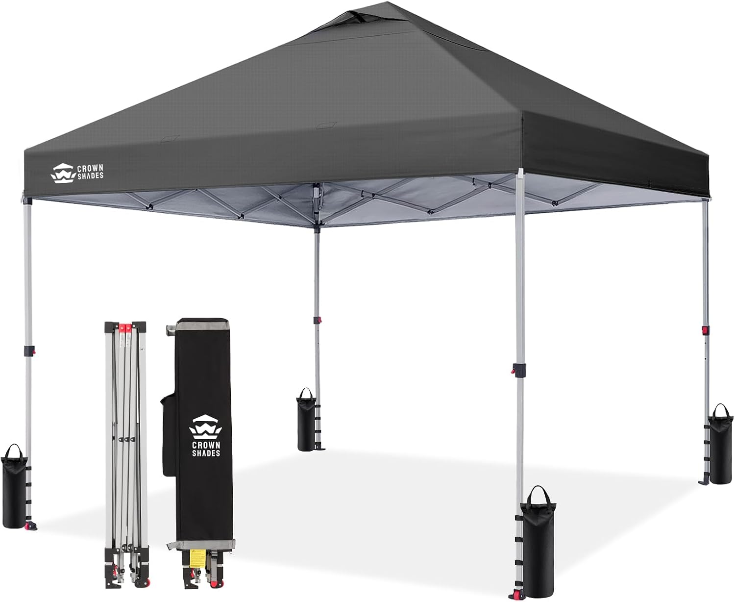CROWN SHADES 10x10 Pop Up Canopy - Beach Tent with One Push Setup - Easy Outdoor Sun Shade Shelter for Events, Parties - Gazebo with STO-N-Go Cover Bag, Silver Coated Top, Grid Grey