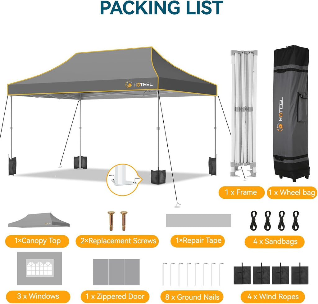 Hoteel 10x15 Pop Up Canopy Tent Heavy Duty with 4 Sidewalls, Waterproof Party Tent, Easy Set-up Commercial Instant Tents with Roller Bag & Sandbags, Hexagonal Leg (1-Year Warranty)