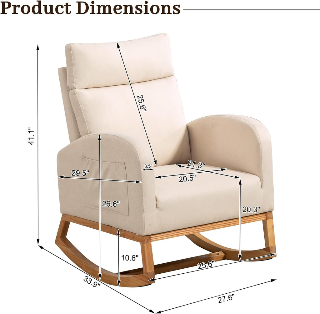 GarveeHome Nursery Glider Chair Rocking Chair, Upholstered Nursery with Rubber Wood Legs, Comfy High Backrest, Side Pockets, Accent Rocker Armchair for Living Room, 27.6' D x 33.9' W x 41.1' H, White